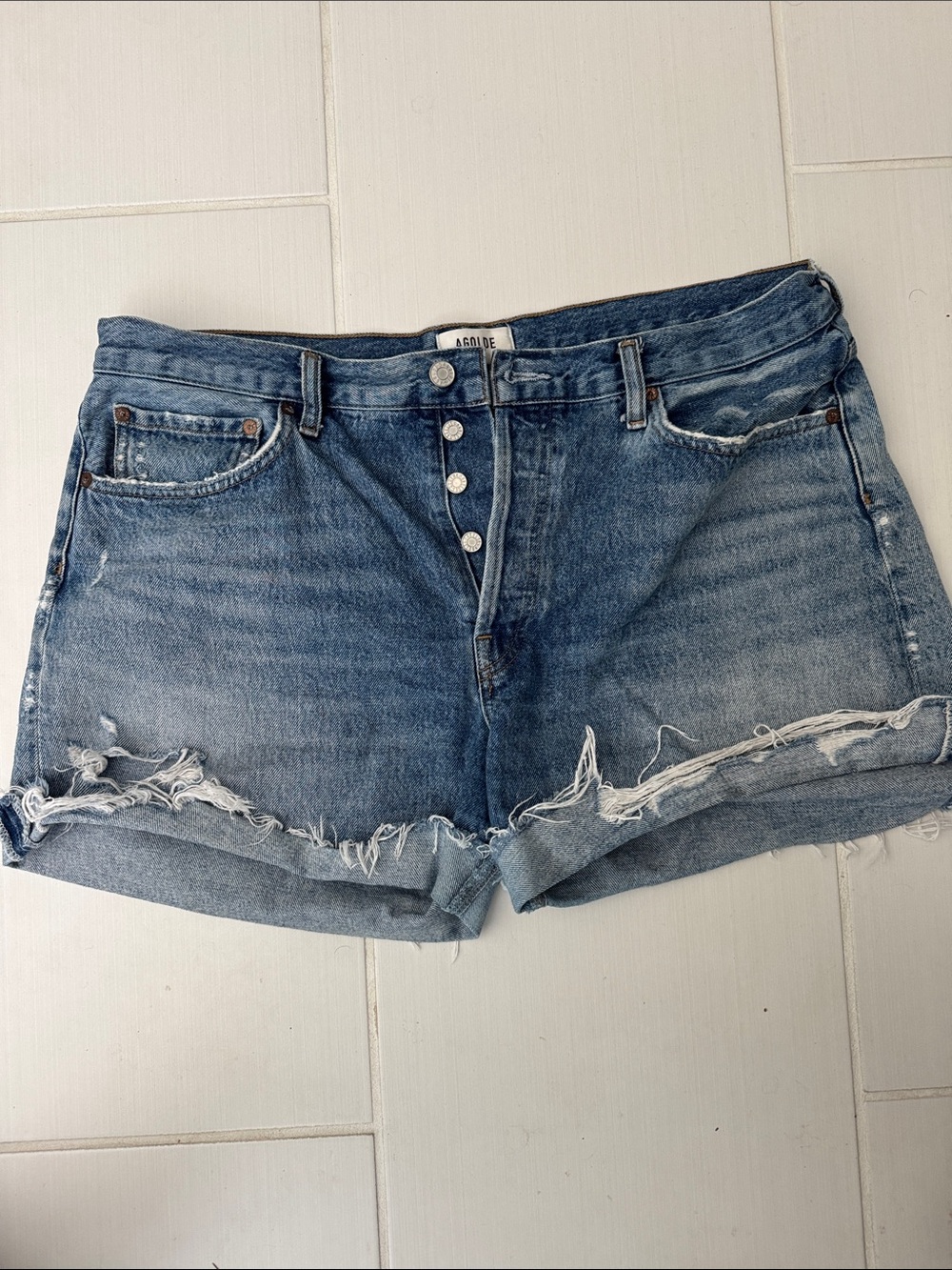 Agolde Parker Light Blue Distressed Denim Cutoff Shorts